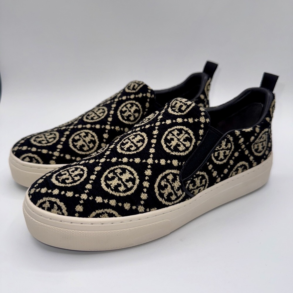 Tory Burch Monogram Soft Embossed Sneakers Women's Size 7.5 Black Chenille - Picture 13 of 13